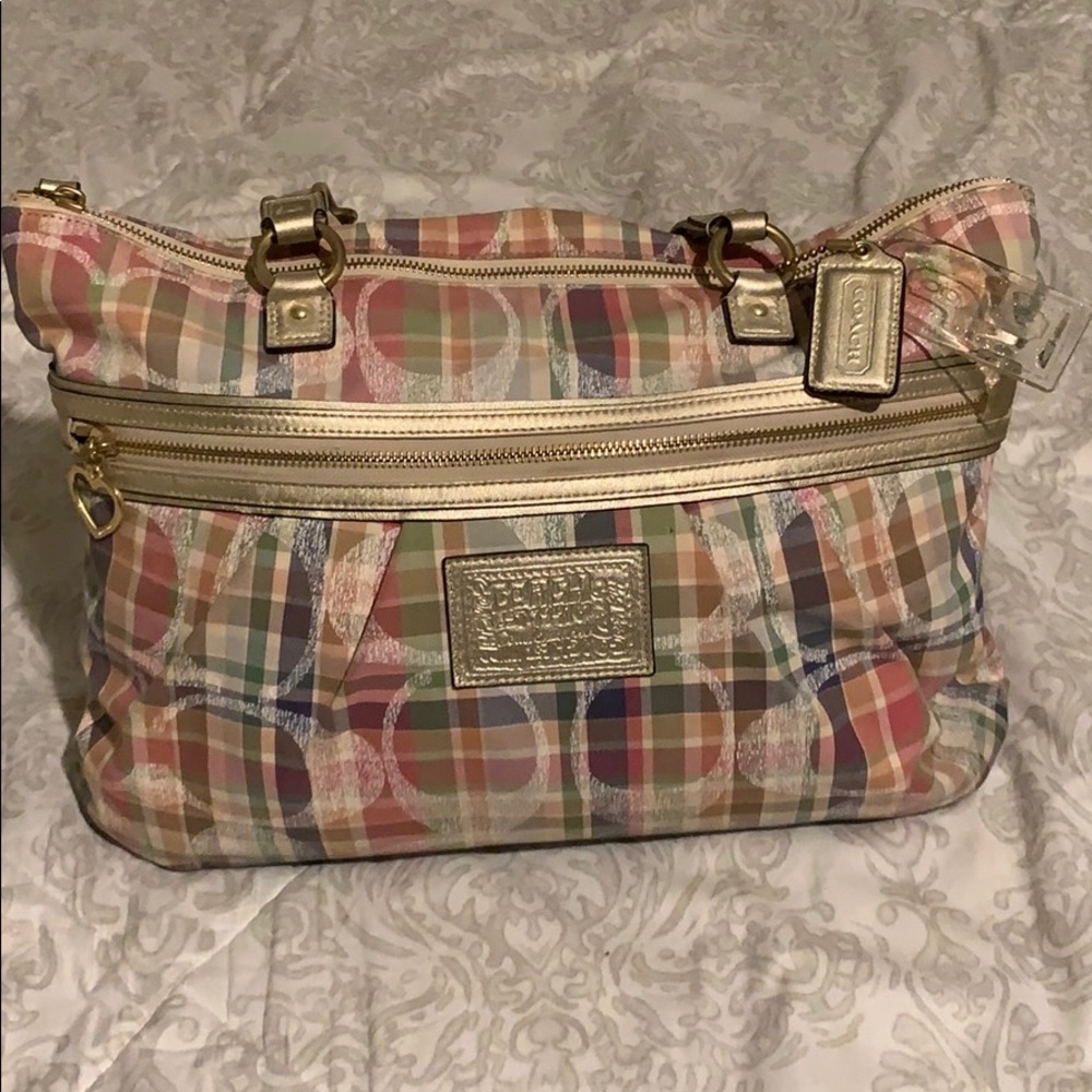 Coach Poppy Plaid Pink Blue Tote Shoulder Bag